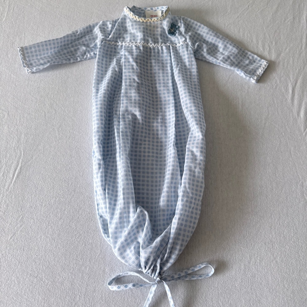 Shirey Baby Sleep Gown Newborn Blue Gingham Teddy Bear Vintage Made in USA